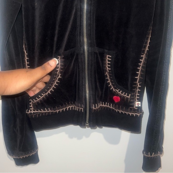 Twisted Heart Black Embroidered Zip Up Velvet Hoodie - Picture 4 of 6